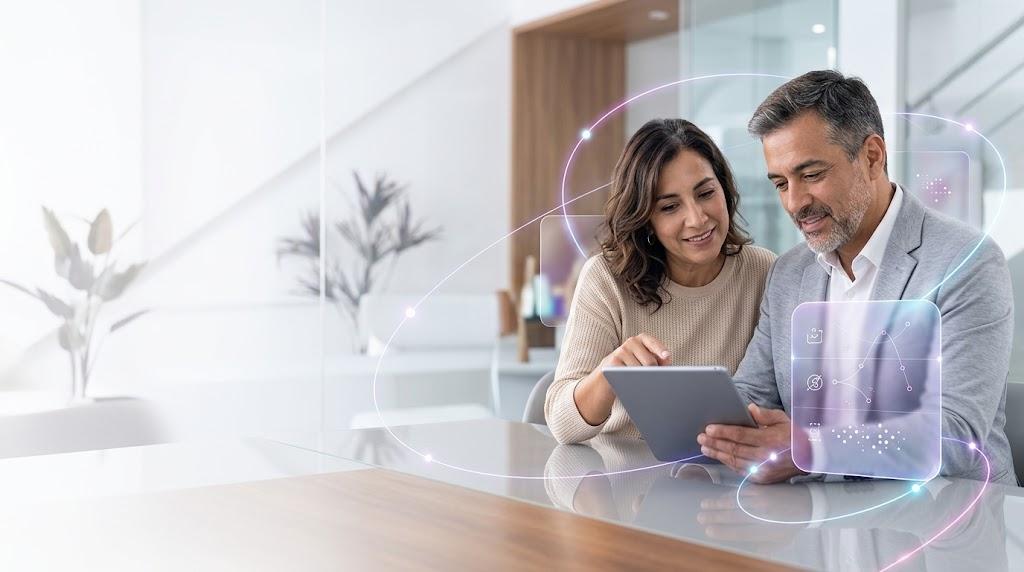 Pareja revisando su perspectiva financiera en una tablet